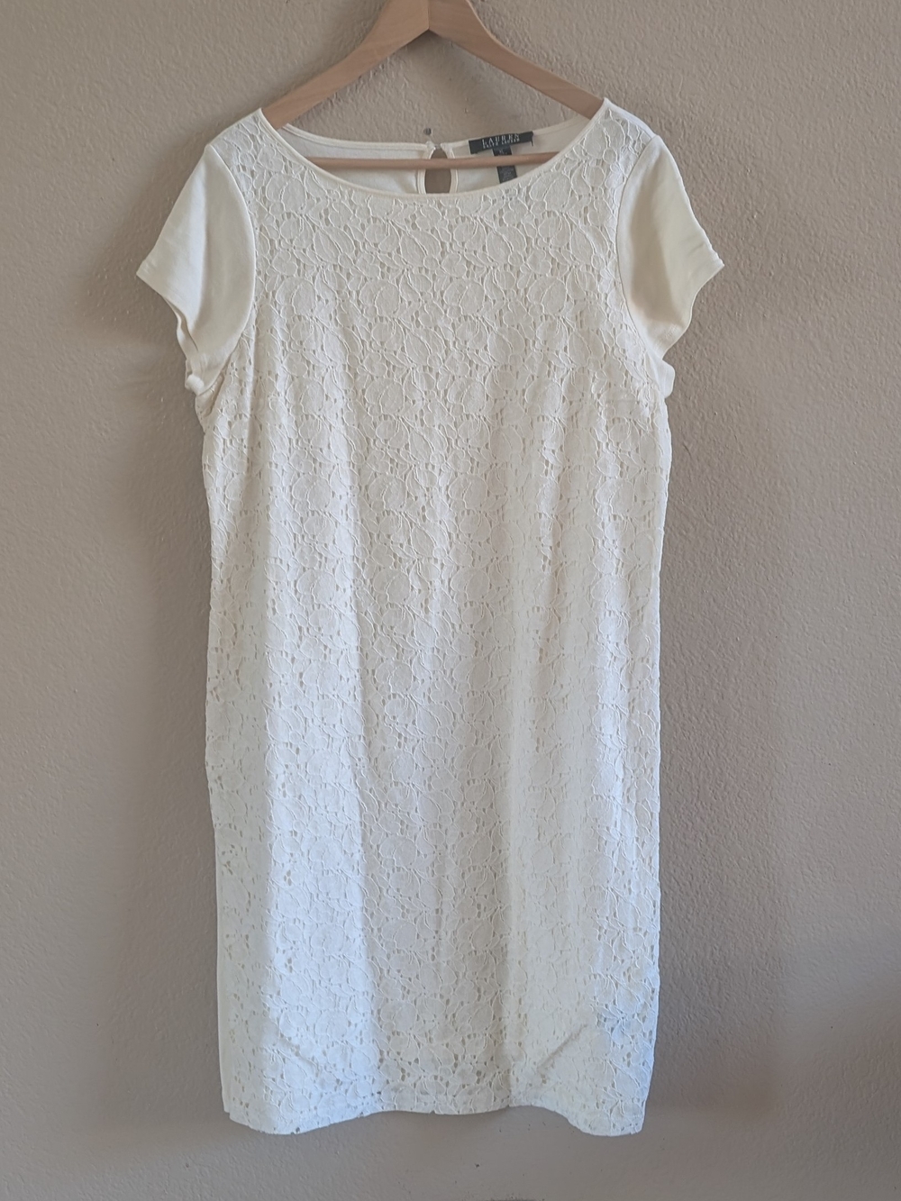 Lauren Ralph Lauren Cream Floral Lace Overlay Lined Shift Dress Short Sleeve